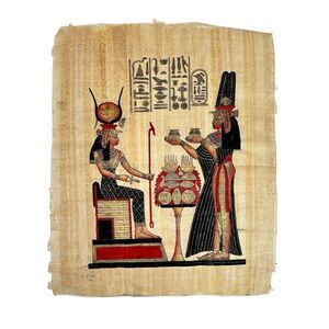 Vintage Egyptian Papyrus Painting Goddess Hathor Offering Scene Handmade Art